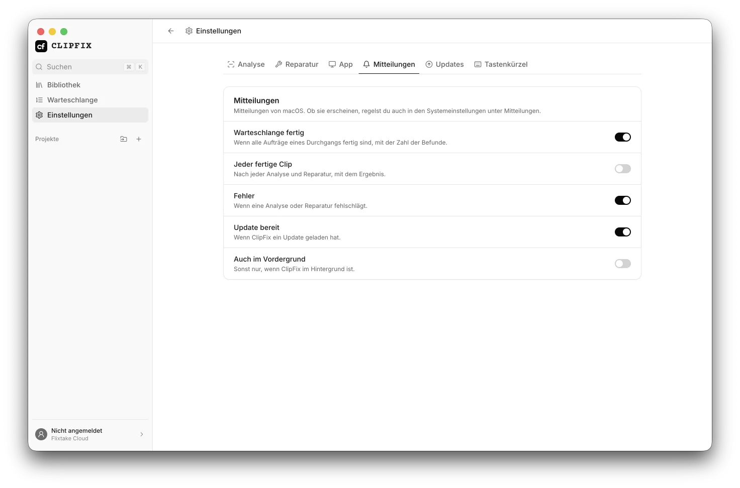 Einstellungen von ClipFix, Bereich Mitteilungen mit Schaltern für Warteschlange fertig, Fehler und Update bereit