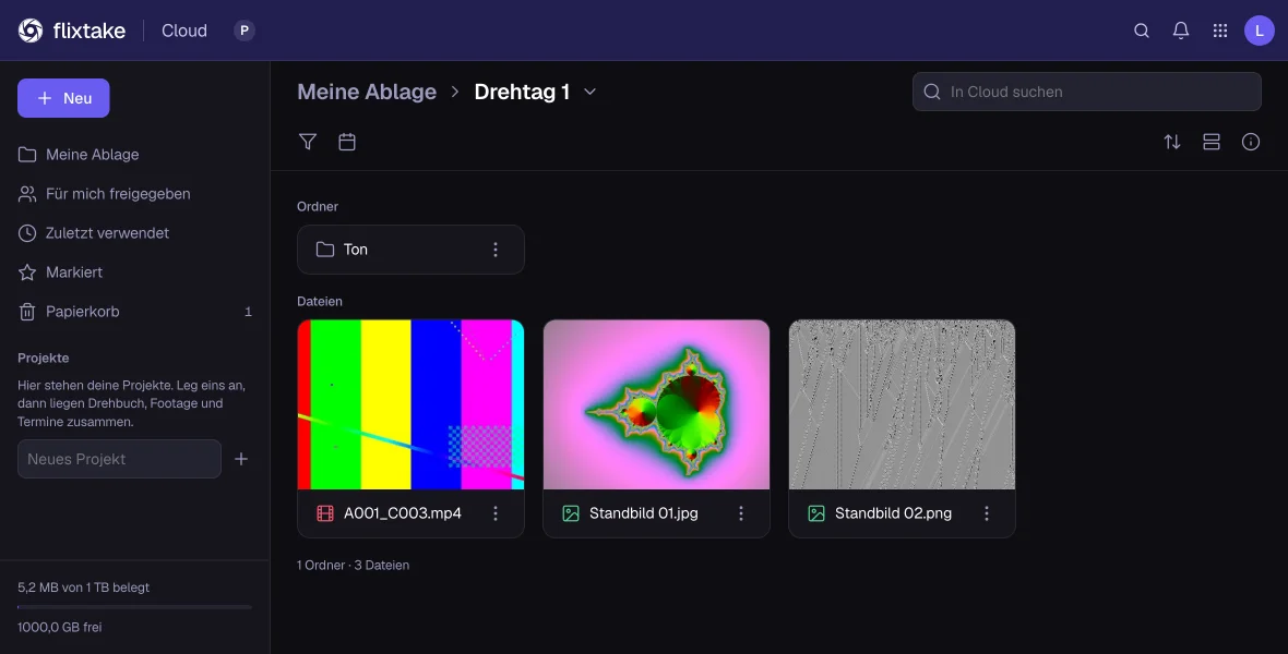 Flixtake Cloud mit dem Ordner Drehtag 1: ein Videoclip und zwei Standbilder als Vorschaubilder