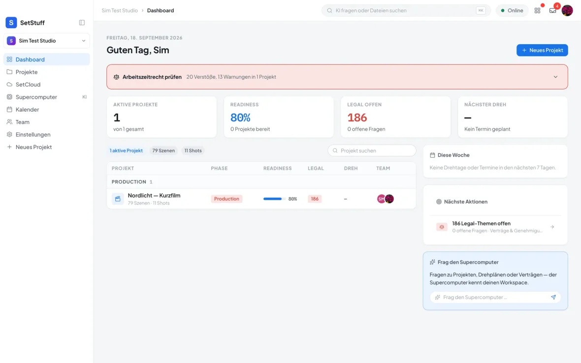 Dashboard von SetStuff mit aktiven Projekten, Readiness, offenen Legal-Themen und dem Supercomputer